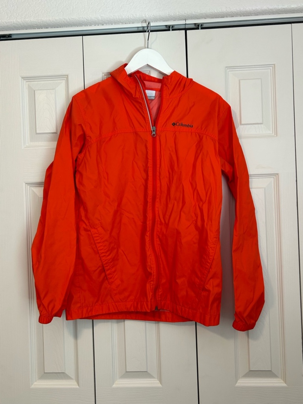 Columbia Kids Bright Orange Hooded Windbreaker Hiking Jacket Full Zip Sz X-Large